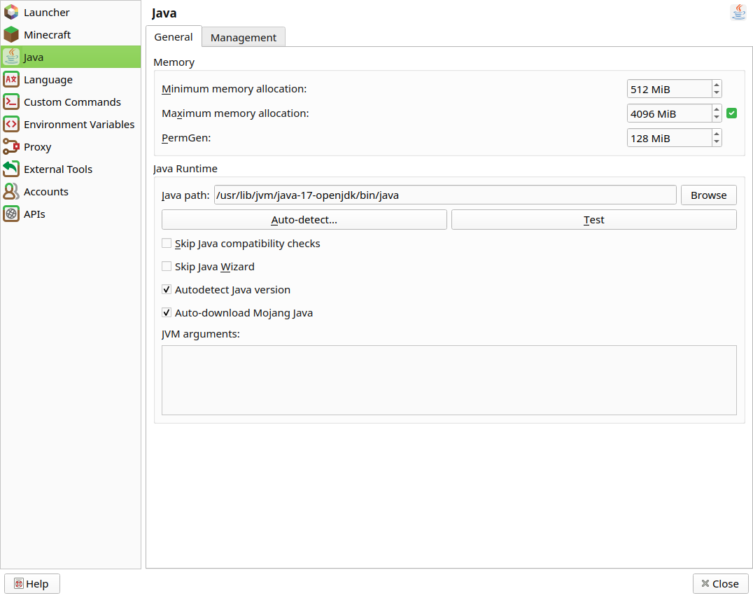 Java tab under Prism Launcher settings